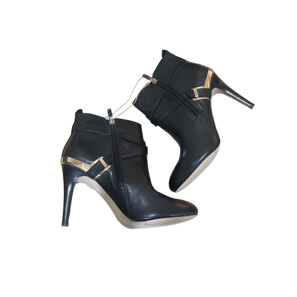 Marc Fisher Black Leather Aprille High Heel Ankle Boots with Gold Buckle Accents